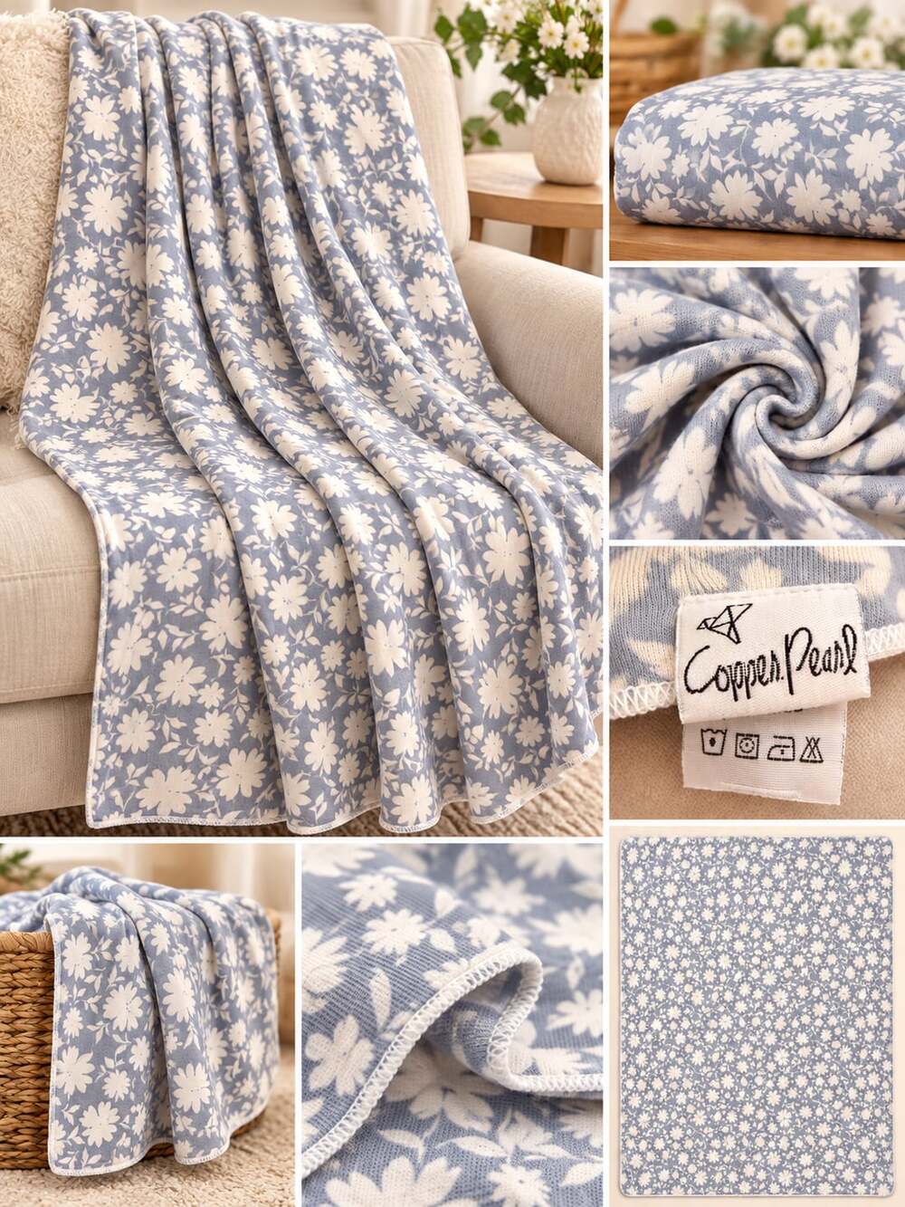 Copper Pearl Daisy Floral Knit Throw Blanket Blue White
